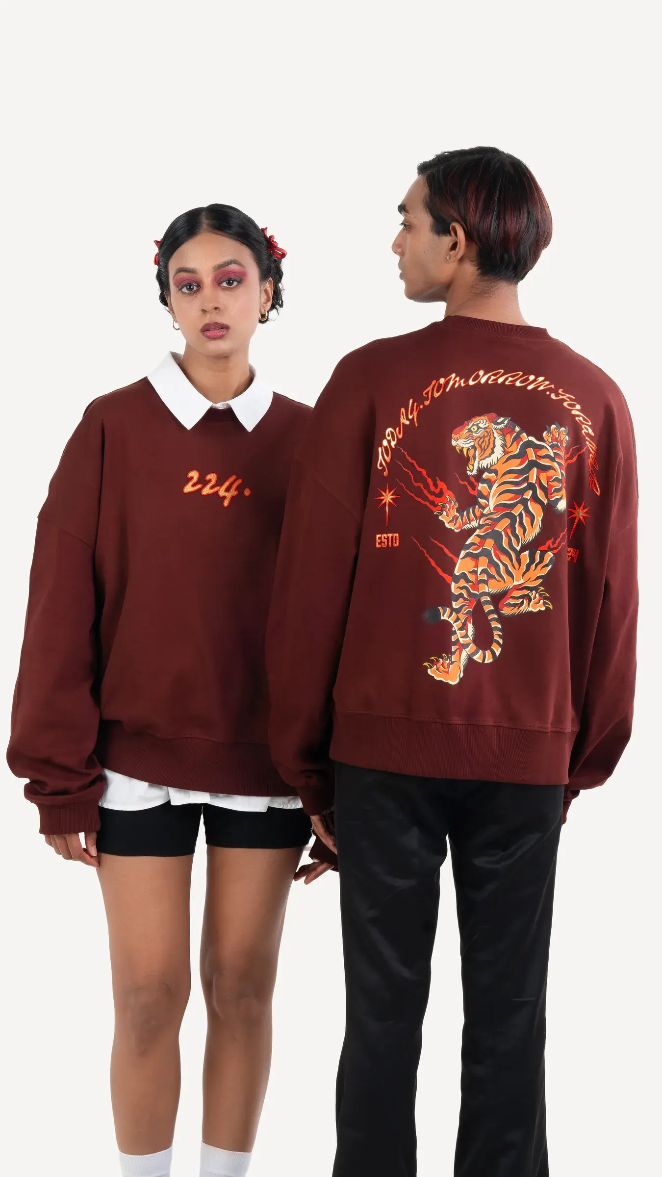 Burgundy 224dot sweatshirt with a large tiger graphic on the back